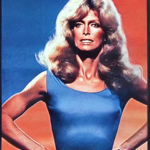 Image similar to movie still, 1 9 7 0 s, sci - fi farrah fawcett in combat suit, hyperdetailed, by tarkovskij, blue lights