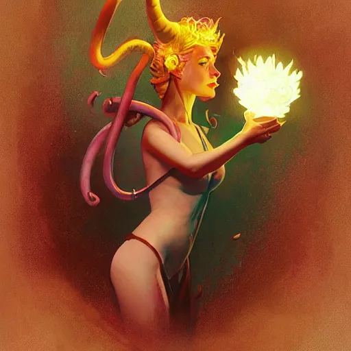 Prompt: tiefling woman with bent horns holding a glowing floating flower, petrichor, malady, art by fiona staples, art by james gurney, art by norman rockwell