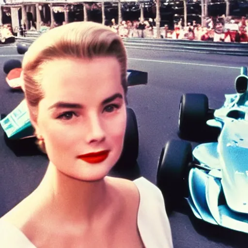 Image similar to selfie smartphone photo of a young Grace Kelly at the Monaco Gran Prix, F1 cars blurred in background, iphone photo, smartphone resolution, trending on instagram, influencer photography