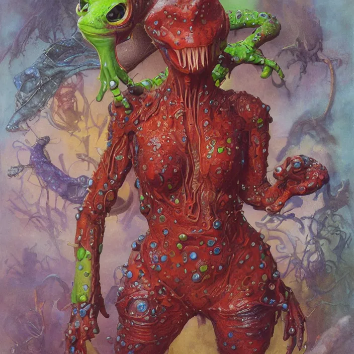 Image similar to a portrait photograph of a brightly colored amphibian female alien with wet skin. she wearing a tactical suit and has many body modifications. by tom bagshaw, donato giancola, hans holbein, walton ford, gaston bussiere, brian froud, peter mohrbacher and magali villeneuve. 8 k, fashion editorial, cgsociety
