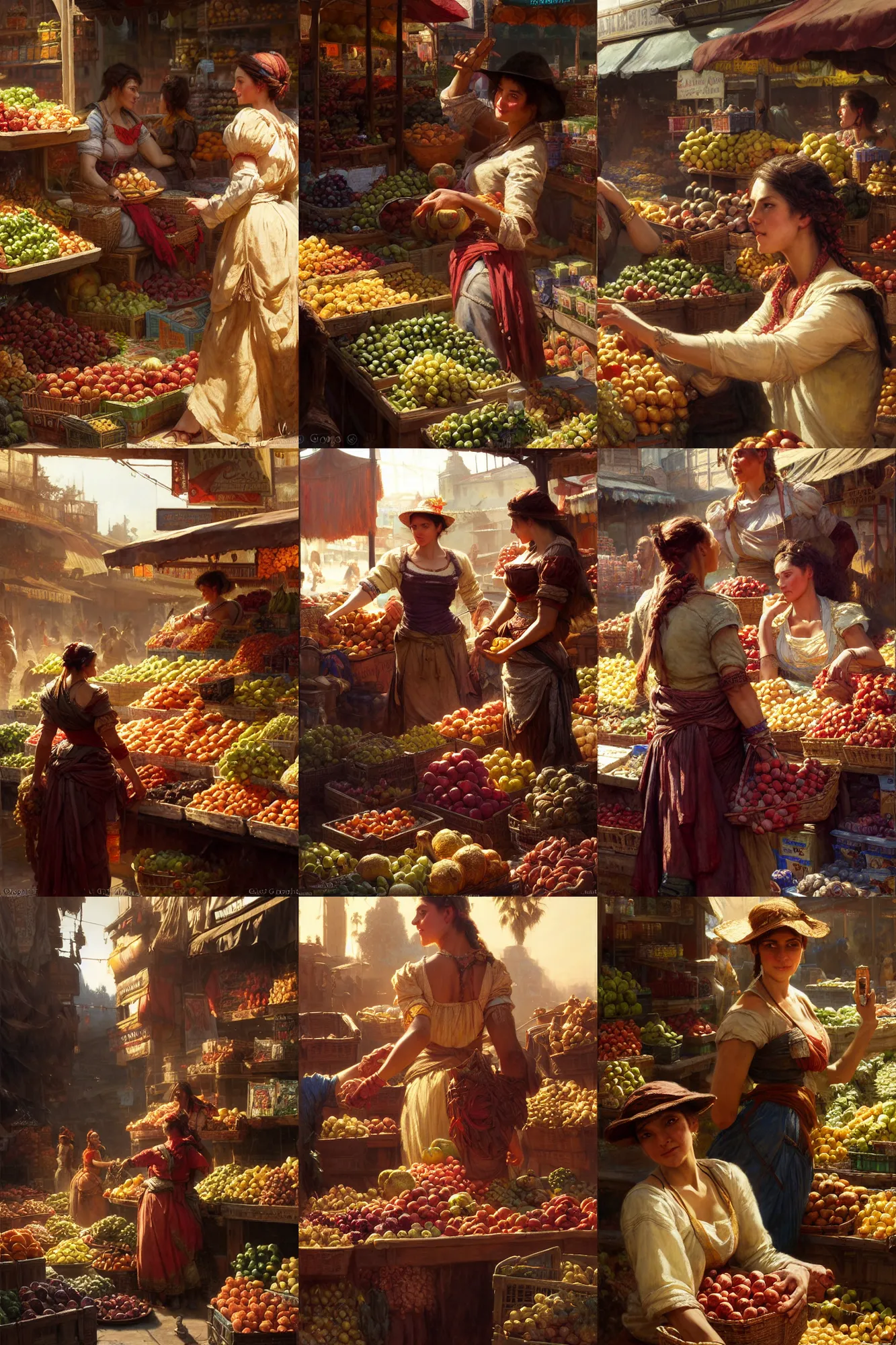 Prompt: a detailed portrait of a woman at a market place buying fruit from a merchant, dying light 2 combined with horizon zero dawn 2, painting by gaston bussiere, craig mullins, j. c. leyendecker