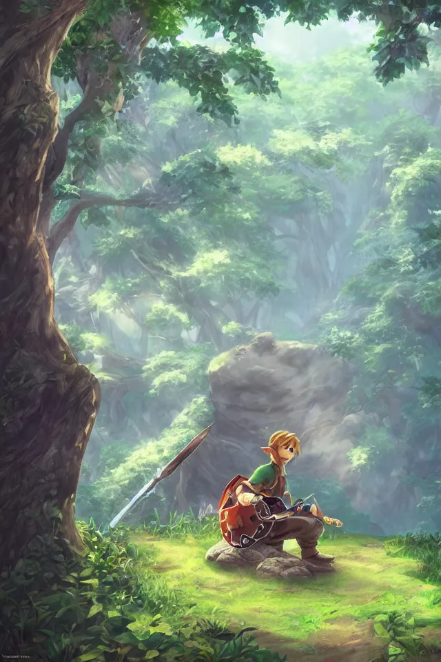 Image similar to a concept scene illustration of link sitting in woods of hyrule playing ocarina, with a crystal texture and a dreamy atmosphere ， super wide angle ， matte painting ， rtx on ， trending on cgsociety and artstation