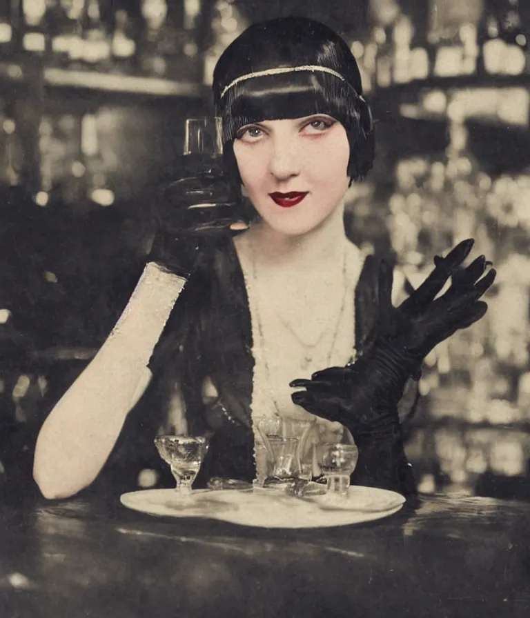 Prompt: close - up antique grainy colored photo of a 1 9 2 0 s short - haired flapper woman in black satin gloves sitting at a table and smirking seductively at the camera. in the background there is a crowded party in a dimly lit speakeasy bar, jazz age, cohesive, 5 0 mm photography, precise, cinematic, low - lighting, photography