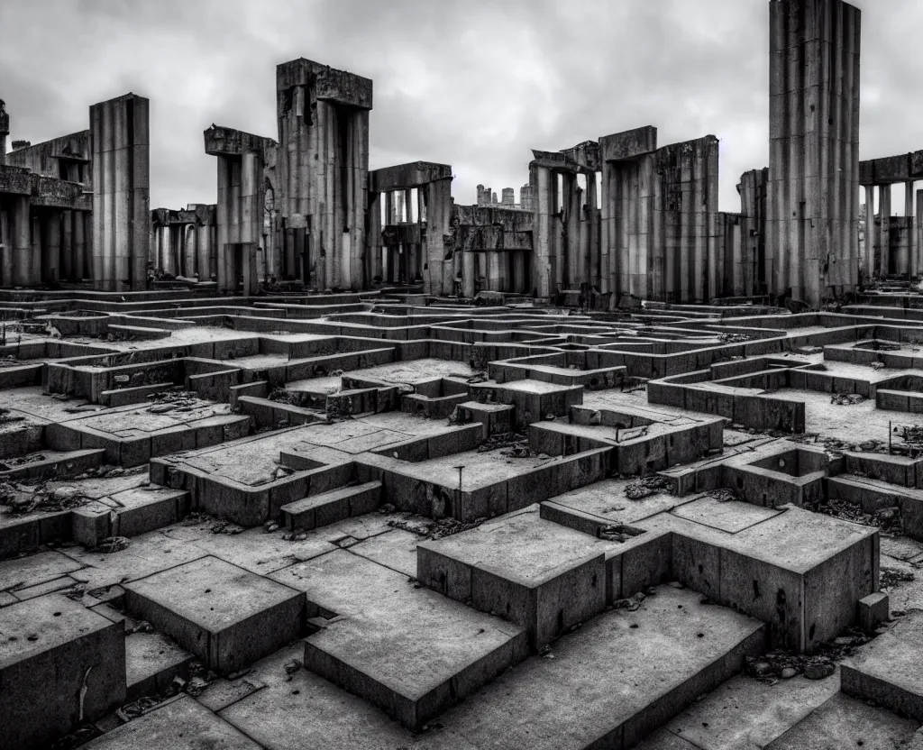 Image similar to wide angle view of a deserted city ruins with brutalism architecture and stone buildings, overcast weather. very detailed, ultra - realistic, 4 k.