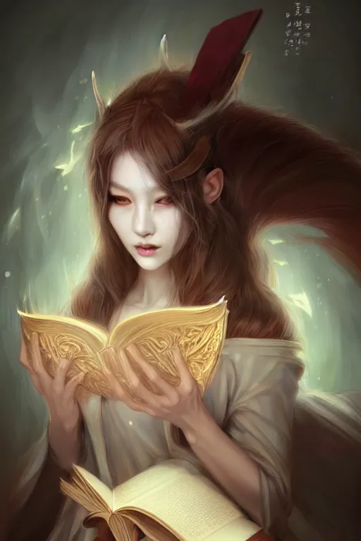 Prompt: gorgeous!!! hyper - realstic sorceress with a kitsune mask, holding a tattered book, casting a spell | drawn by wlop, drawn by jeehyung lee, drawn by artgerm | intricate, highly detailed, digital painting, character design, concept art, illustration, artstation