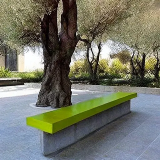 Image similar to creative concrete benches, colorful, olive trees