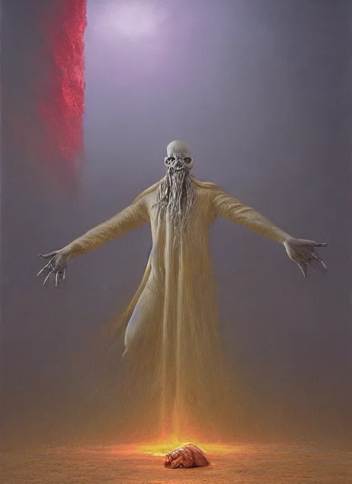 Image similar to a ray traced painting of a necromancer casting an evil spell, fantasy art, 4k, HDR, photorealistic, 8k by zdzisław beksiński