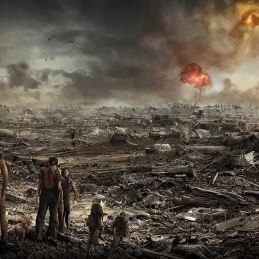 Image similar to survivors of a dystopian future with a view of a landscape devastated by an apocalyptic war, photorealistic, 4 k, ultra fine detail,