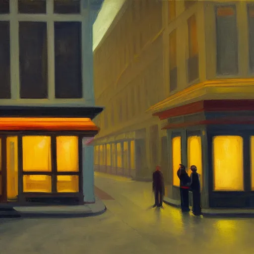 Prompt: a moody city painting at night in the style of Edward Hopper, 4k,