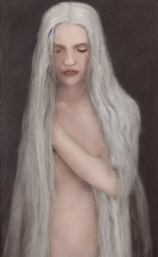 Prompt: who is this with silver hair so pale and wan! and thin!?, flowing robes, covered in robes, lone pale nordic goddess, wearing robes of silver, flowing, pale skin, young cute face, covered!!, clothed!! lucien levy - dhurmer, jean deville, oil on canvas, 4 k resolution, aesthetic!, mystery