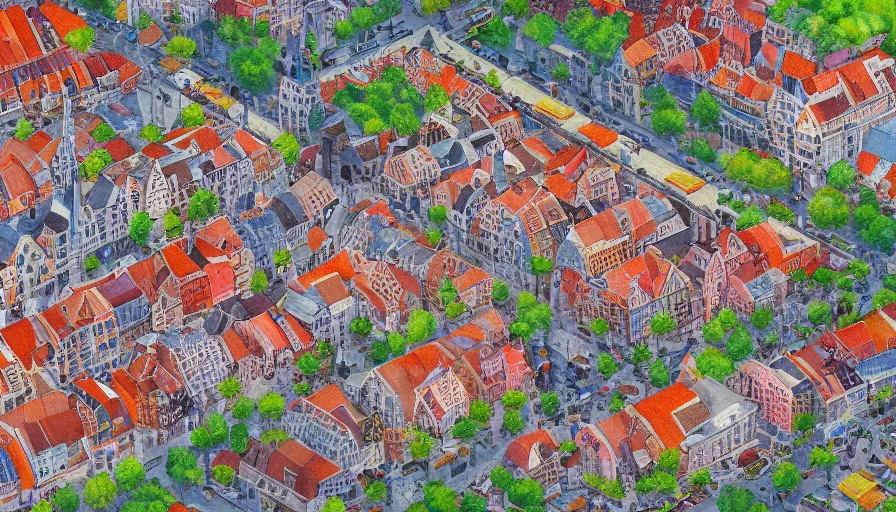 Image similar to dutch townscape, top - down isometric view, painting