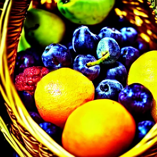 Prompt: Fruits in a basket, photography, detailed