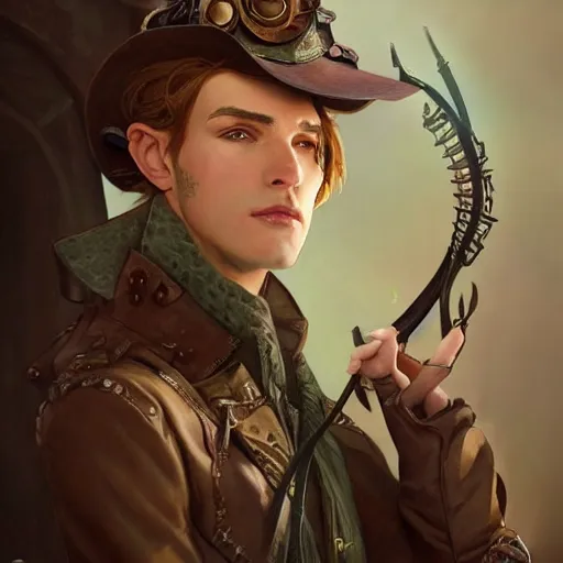 Prompt: Three quarters portrait of a elf gentleman steampunk, highly detailed, digital painting, art by Stanley Lau and Artgerm and magali villeneuve and Alphonse Mucha, artstation, octane render, cgsociety