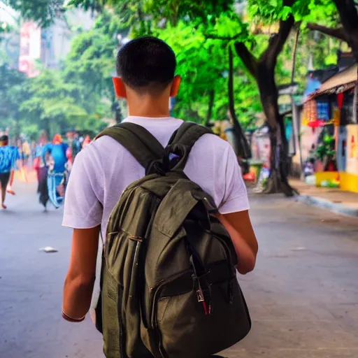 Prompt: 20 year old male American tourist wearing a backpack walking through hanoi as a Vietnamese propaganda poster. 8k resolution.