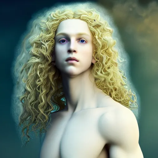 Prompt: Beautiful 3d render of the pale blond androgynous prince in a sensual pose, long curly golden blond hair, baroque curls, very very pale white skin, atmospheric lighting, painted, intricate, volumetric lighting, beautiful, rich deep colours masterpiece, golden hour, sharp focus, ultra detailed, in the style of Dan Mumford and Johfra Bosschart, with a crowded futuristic cyberpunk city in the background, astrophotgraphy