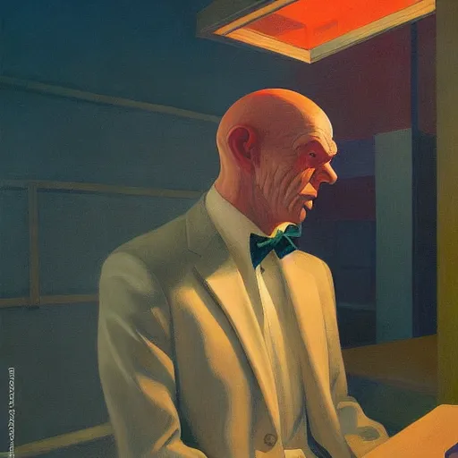 Prompt: Portrait of a man wearing a business with a digital nural network brain, very coherent, painted by Edward Hopper, Wayne Barlowe, painted by James Gilleard, airbrush, art by JamesJean