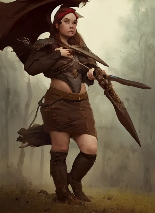 Prompt: hyper realistic photo of medieval chubby beautiful hunter girl, full body, rule of thirds, conceptart, cinematic, greg rutkowski, brom, james gurney, mignola, craig mullins