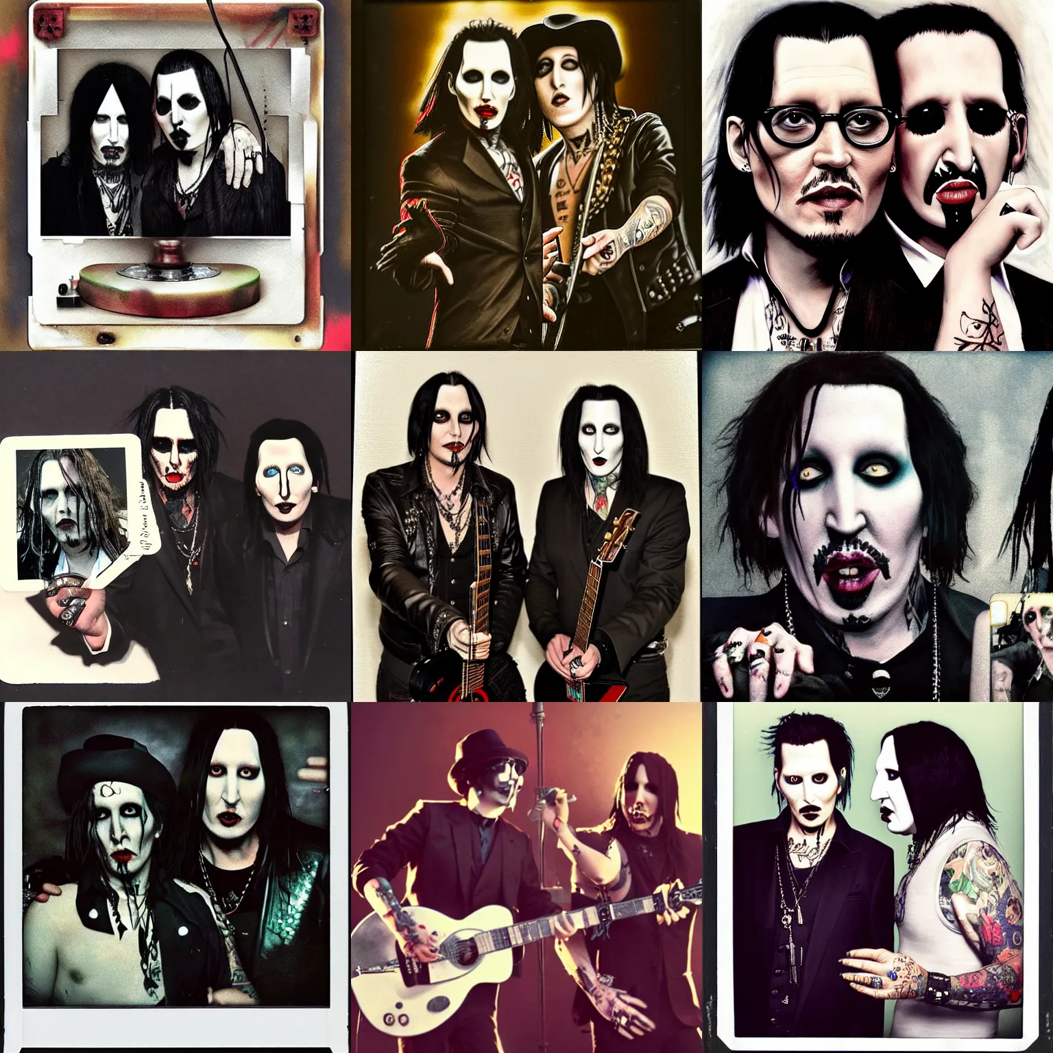 Prompt: A photorealistic polaroid image of Johnny Depp and Marilyn Manson performing together in a band. Trending on Artstation, featured on Behance, well-rendered, intricate, highly detailed, very crispy, Unreal Engine, 4K HD