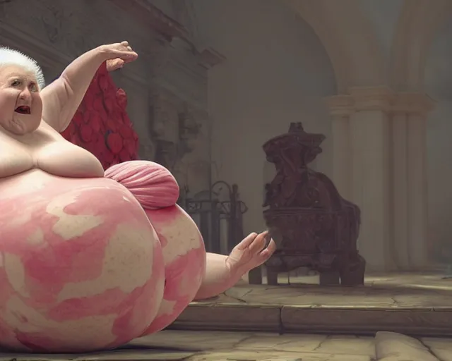 Image similar to of a very beautiful scene. ambient occlusion render. a sweet fat old woman is giving birth a beautiful colorful huge egg. hyper realistic. 4 k. wide angle. baroque style. symmetrical face, red mouth, blue eyes. deep focus, lovely scene. ambient occlusion render. concept art. unreal engine.