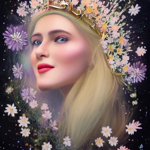 Image similar to close-up of a smiling beautiful female, blonde,, wearing a crown of daisies, beautiful happy face, ethereal, starry, space, magical atmosphere, maximalist, cinematic lighting, cinematic atmosphere, trending on artstation, cgsociety, 8k, high resolution, in the style of Faiza Maghni, David Ligare, Flora Borsi, Daniel Gerhartz,