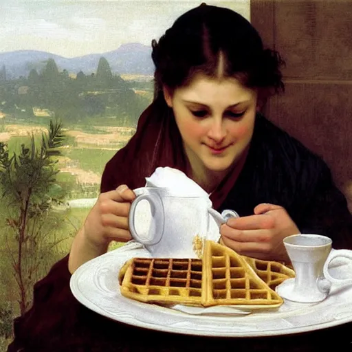 Image similar to american eating waffles with coffee, by bouguereau