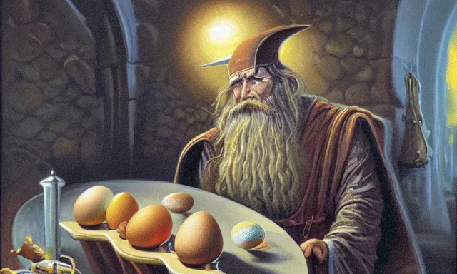 Image similar to Pensive Wizard examines eggs with calipers, by Alex Horley