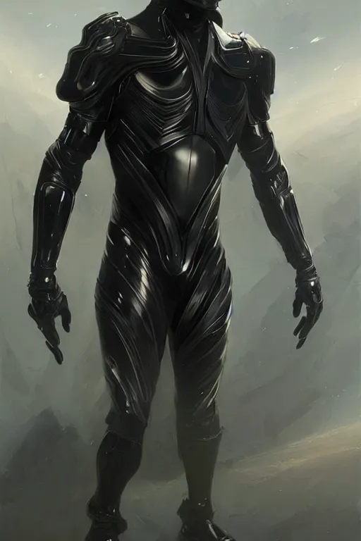 Image similar to iridescent sinewy smooth muscular male sleek glossy black pearlescent scifi armor with smooth black featureless helmet, by greg rutkowski, mark brookes, jim burns, tom bagshaw, magali villeneuve, eve ventrue, trending on artstation