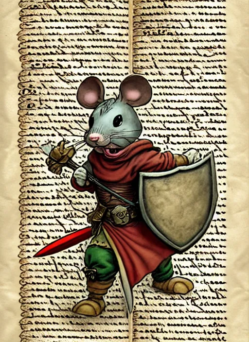 Prompt: a porcelain heroic mouse knight with sword and shield on a parchment background, redwall, greg rutowski and jean baptiste monge, detailed, epic fantasy