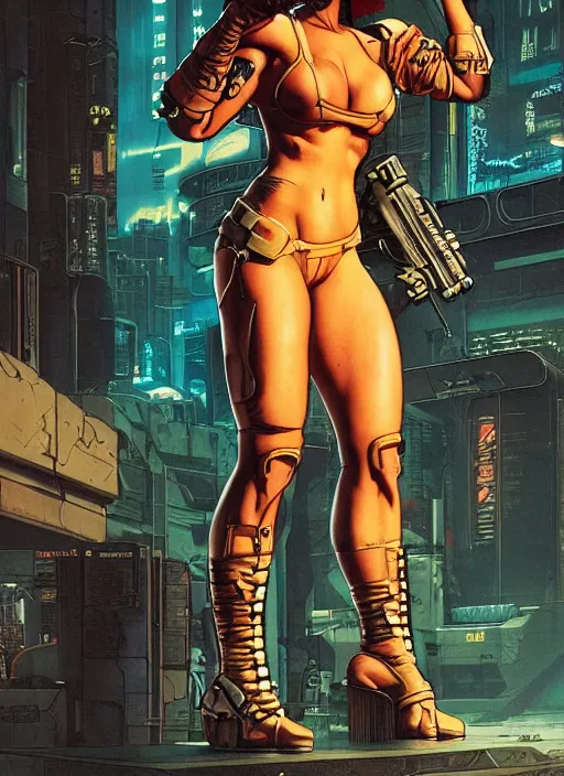 Image similar to buff cyberpunk mercenary lady. portrait by stonehouse and mœbius and will eisner and gil elvgren and pixar. realistic proportions. cyberpunk 2 0 7 7, apex, blade runner 2 0 4 9 concept art. cel shading. attractive face. thick lines.