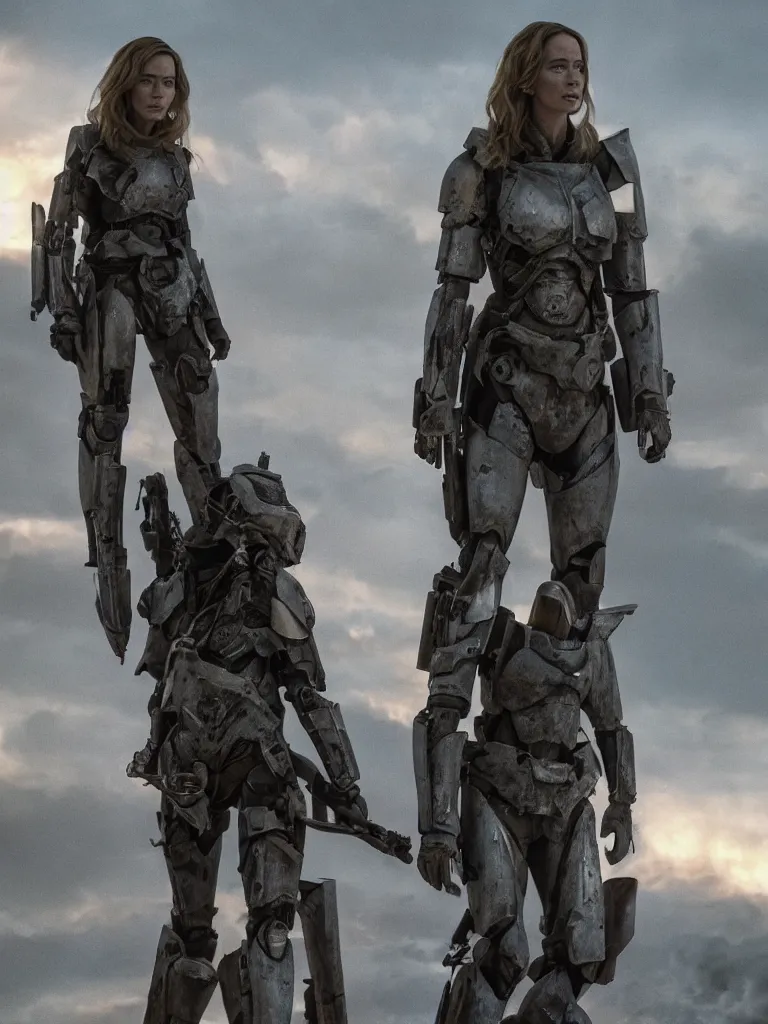 Prompt: emily blunt in futuristic power armor, alone, standing atop a hill, raising her sword, edge of tomorrow movie, angel of verdun, sunset