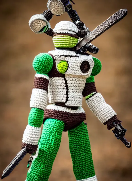 Image similar to a crochet mecha, holding a sword, realistic, no cropping, full body, Sigma 50 mm f/1.4