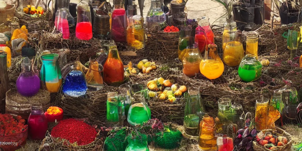 Image similar to colorful potions at the harvest festival, hyper realistic, 8 k, insane details,