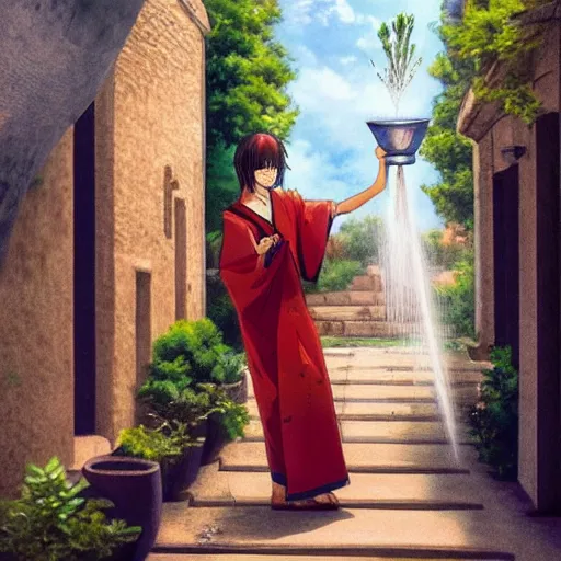 Prompt: an anime waifu in a greek attire pouring water out of a vase into a fountain, spanish alleyway