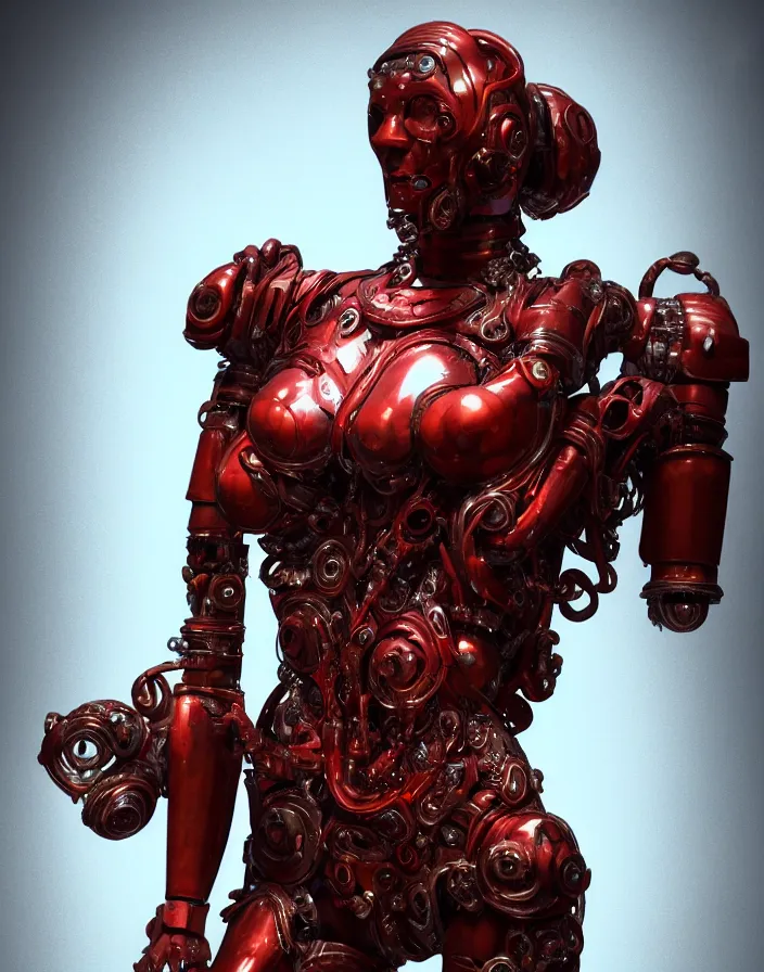 Image similar to portrait, antique marble statue, super hero pose, red white biomechanical dress, inflateble shapes, wearing epic bionic cyborg implants, masterpiece, intricate, biopunk futuristic wardrobe, highly detailed, art by akira, mike mignola, artstation, concept art, background galaxy, cyberpunk, octane render