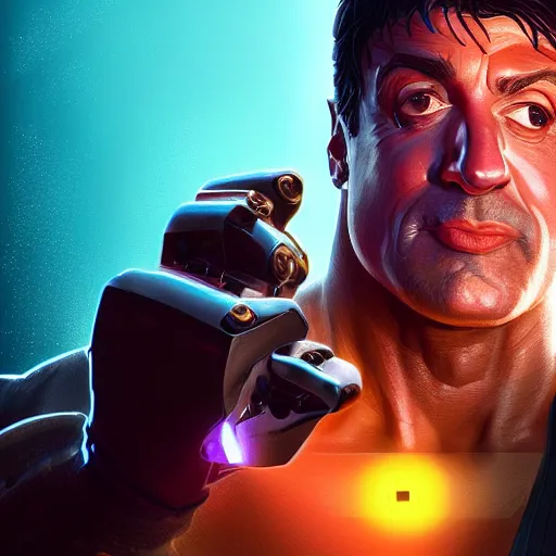 Prompt: portrait of a cyborg sylvester stallone, metallic skin, microchips all over his face, led lights, high technology inplants, mattepainting concept blizzard pixar maya engine on stylized background splash comics global illumination lighting artstation lois van baarle, ilya kuvshinov, rossdraws