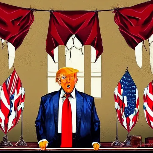 Image similar to trump as professor dumbledore giving a speech in the dining room in hogwarts, detailed, intricate, digital art