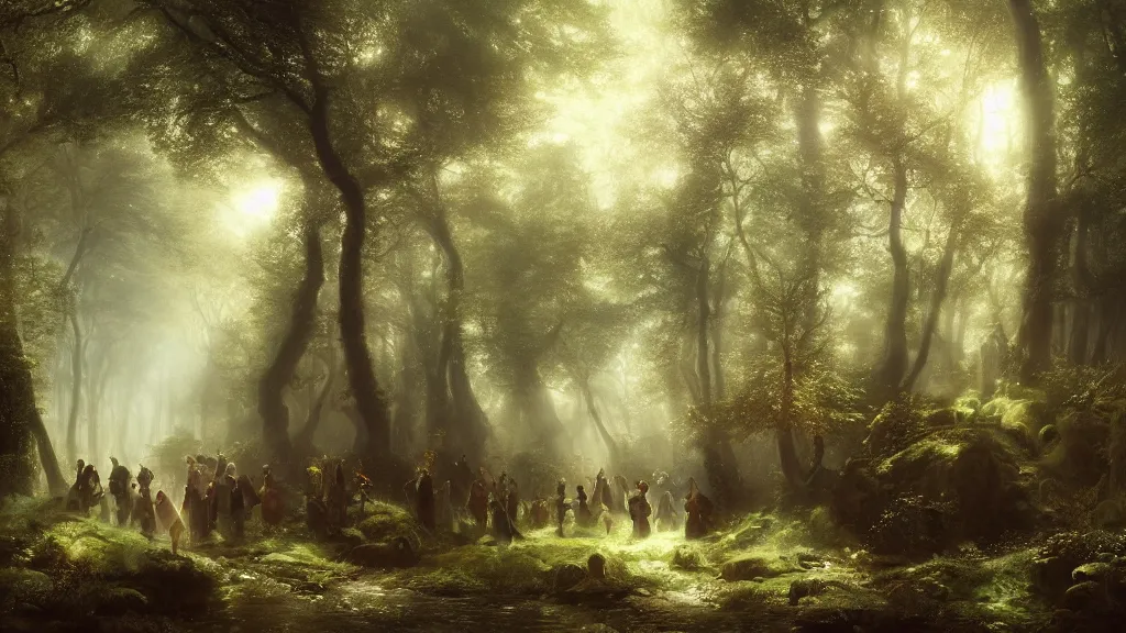 Prompt: procession of elves in the magical forest. andreas achenbach, artgerm, mikko lagerstedt, zack snyder, tokujin yoshioka, impressionist