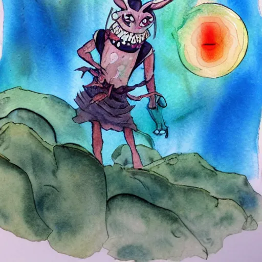 Image similar to whimsical silly watercolor painting of a terrifying demon, in the style of studio ghibli