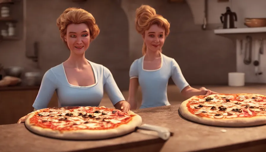 Image similar to cinderella making pizza, photorealistic rendering. artstation, 4 k, hyperrealism