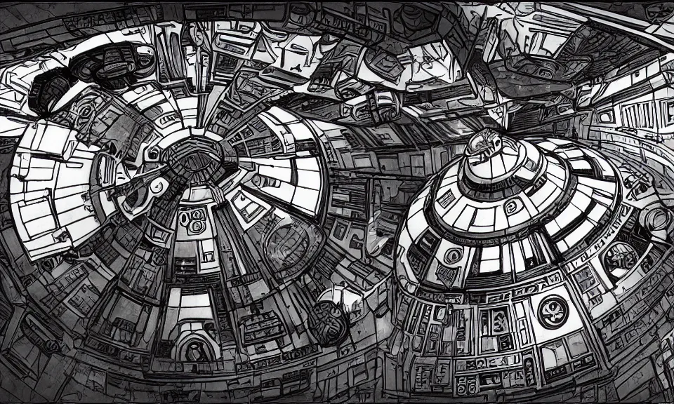 Image similar to interior of a millennium falcon from star wars, anime style, cozy, drawing, highly detailed