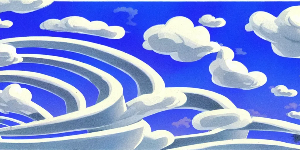 Image similar to cartoon concept art, blue sky spiral clouds, from sam and max