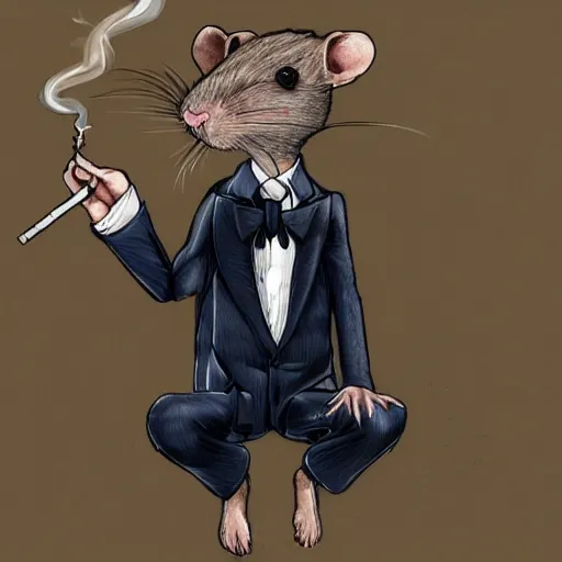 Image similar to hyperrealistic rat in a suit smoking a cigarette after a long day of worm