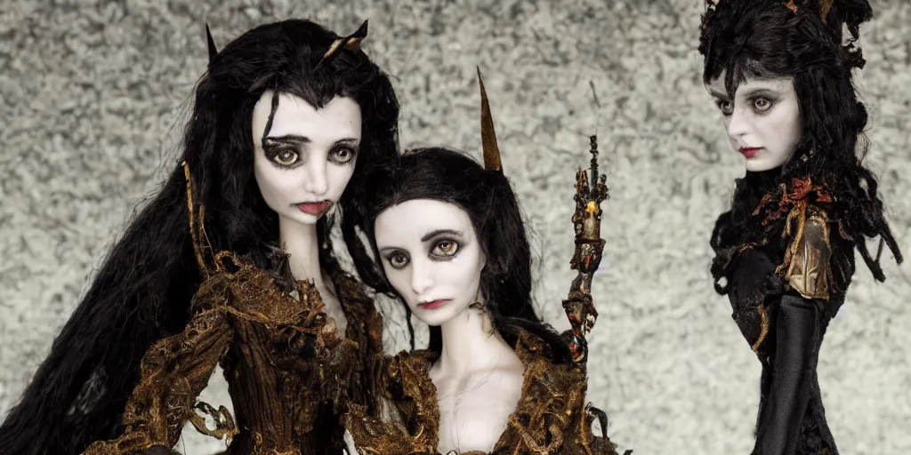 Image similar to photo taken of an epic intricate, ultra detailed, super realistic stop motion puppet of the majestic gracious regal aristocratic brunette female vampire twins and gothic filmset created by weta workshop and tim burton, menacing, wide angle, full body shots, photorealistic, sharp focus, gloomy, extremely cold blueish colour temperature, 3 5 mm, f 1. 4, golden ratio