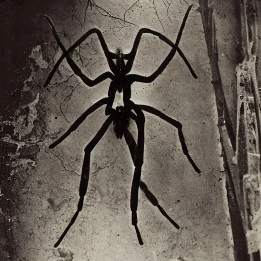 Prompt: 1860 photo of an ancient fractal 8 leg spider-woman-demon on an abandoned factory on the middle of a forest, spooky , devouring the human soul-n 9