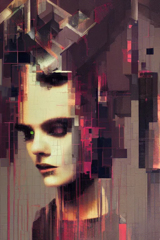 Prompt: a beautiful glitched painting by christian hook of a woman in a bathroom, geometric shapes and pixel sorting, brushstrokes by jeremy mann, still life, dark colors