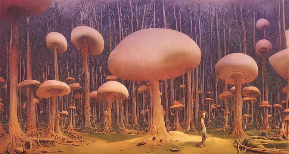 Image similar to A tribal village in a forest of giant mushrooms, by Zdzisław Beksiński