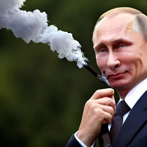 Image similar to vladimir putin smoking a bong and exhaling a large smoke cloud, candid photography