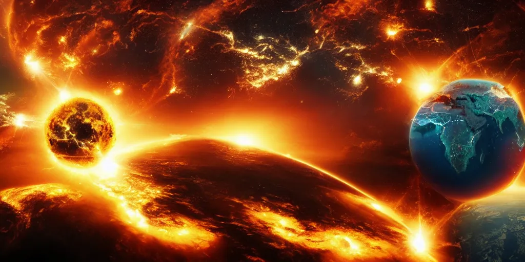 Image similar to orbital earth bombardment seen from space, galactic conquest, hell, fire, inferno, explosion, atomic bomb, dreamcore, realistic, doom, catastrophe, insanity, cinematic, end of humanity, 8 k, hdr, very detailed