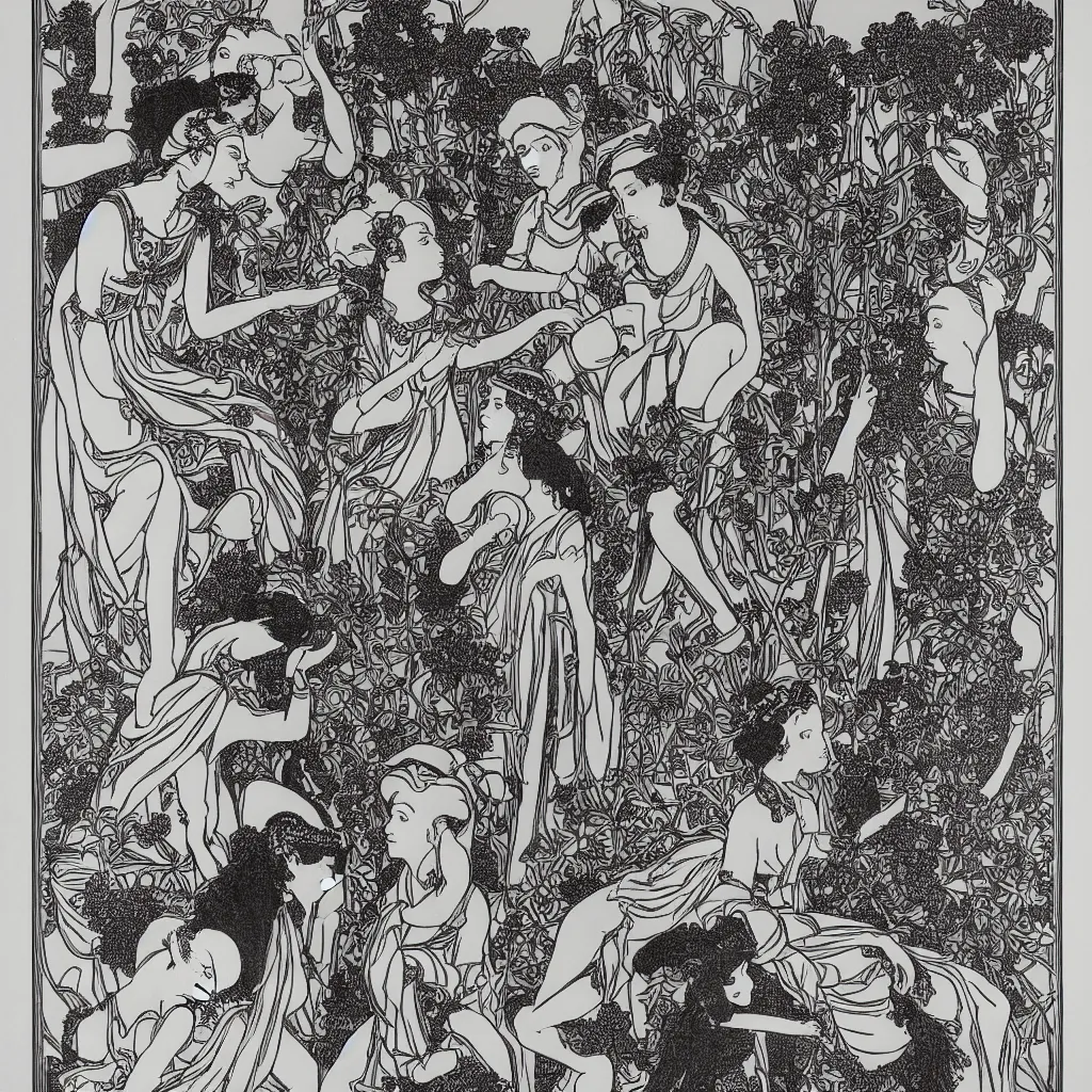 Prompt: phalic engraving by Aubrey Beardsley, monochromatic