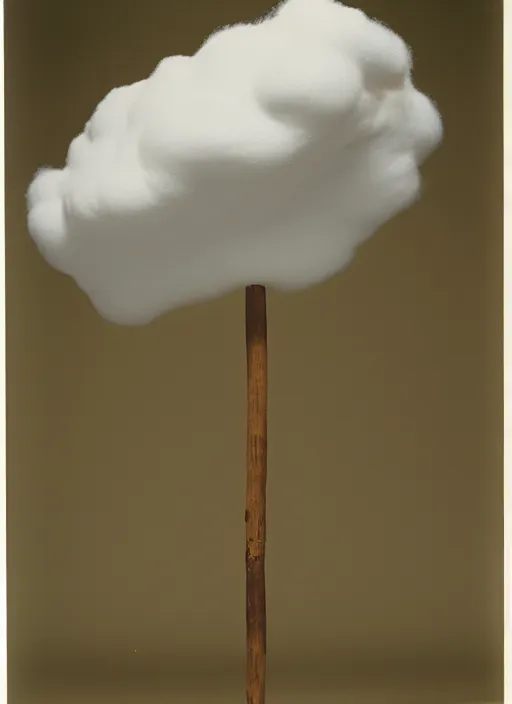 Prompt: realistic photo of a scientific model of white cloud made of white clay, mounted to a wooden stick, front view 1 9 9 0, life magazine reportage photo, metropolitan museum photo